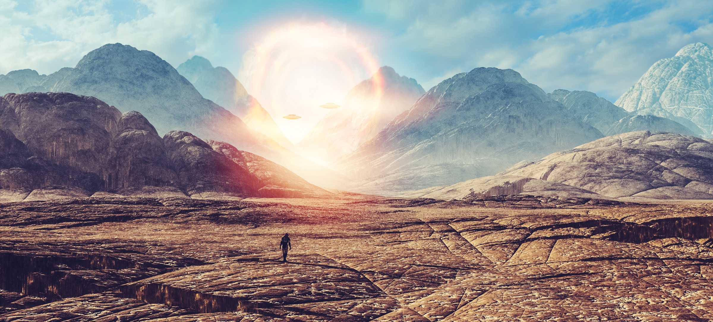 Astronaut walking on alien planet, UFO portal