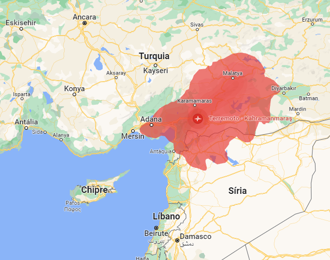 Mapa Terremoto Turquia Síria