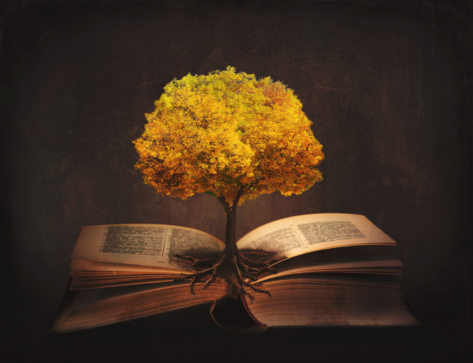 Book of life, knowledge, wisdom – old tree and its roots on open pages of a magic book;