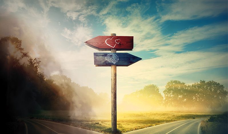 Surreal landscape with a split road and signpost arrows showing two different courses, left and right direction to choose. Road splits in distinct direction ways. Difficult decision, choice concept.