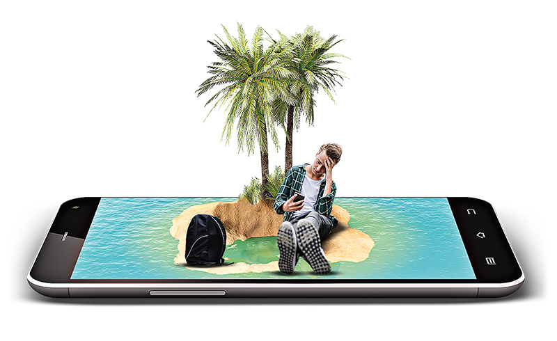 Tropical island resort on smartphone screen