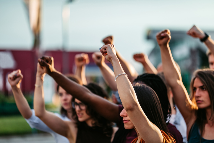 Protestors raising fists