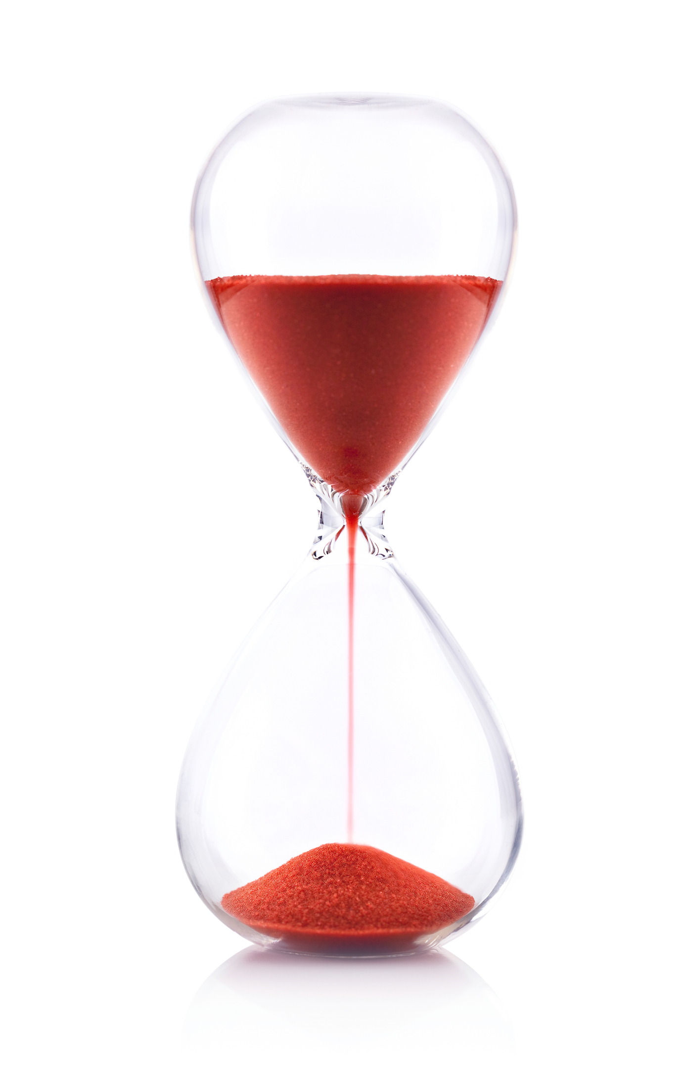 Hourglass with red sand on white background – Time concept