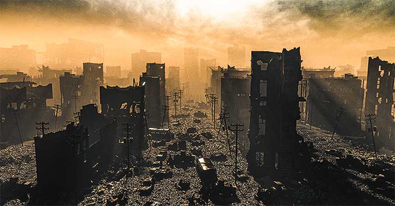 Apocalypse survivor concept, Ruins of a city. Apocalyptic landscape 3d render , 3d illustration concept