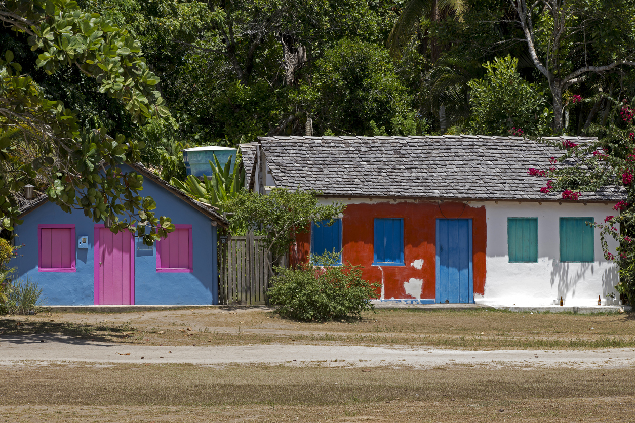 The colorful facades of the houses in Trancoso, Bahia, Brazil