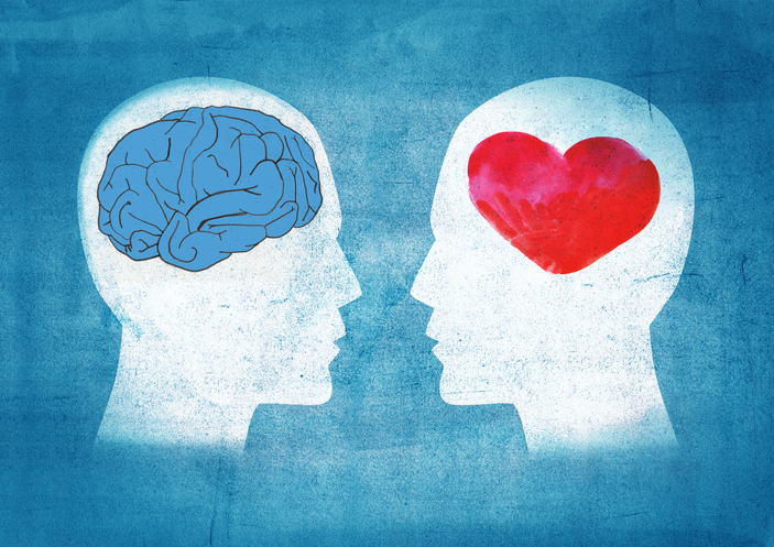 A graphic showing 2 heads one with a brain in one with heart