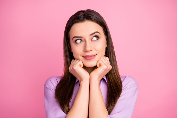 Close-up portrait of her she nice-looking attractive lovely pretty cute peaceful dreamy brunet straight-haired girl creating new strategy thinking isolated over pink pastel color background