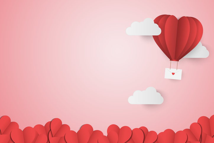 Paper Style love of valentine day , balloon flying over cloud and Paper Heart with float on the sky, Send love letter with copy space , vector illustration background