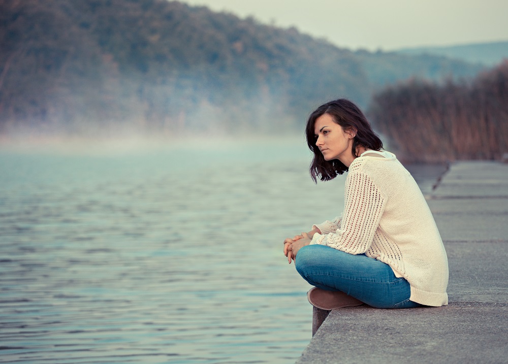 Girl,Sitting,By,Lake