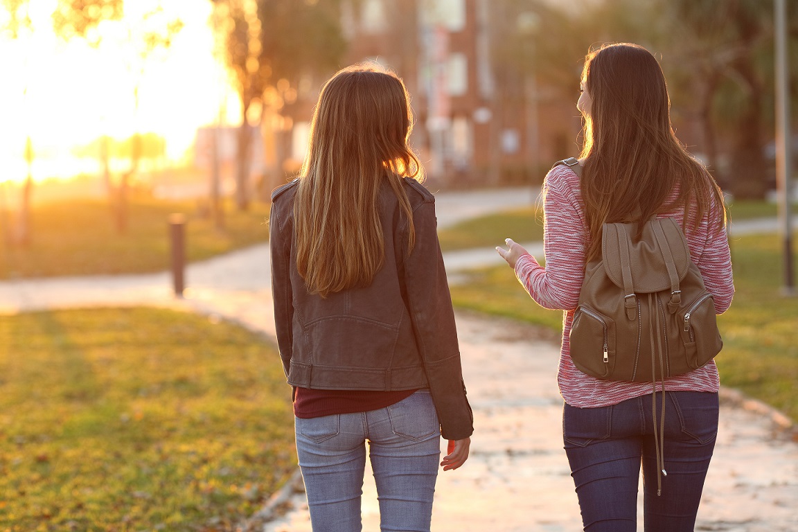 Back,View,Of,Two,Friends,Walking,Together,In,A,Park