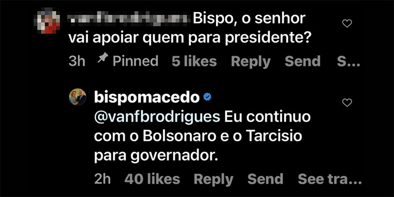 Em resposta a seguidora, Bispo Edir Macedo diz que segue com Bolsonaro nas  eleições - Notícias - R7 Eleições 2022