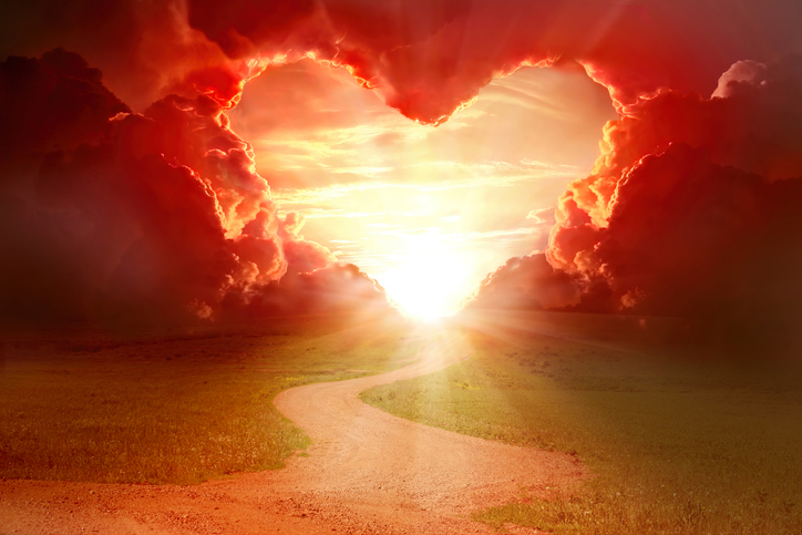 Red heart shaped sky at sunset. Beautiful landscape with flowers.Love background with copy space. Road to love