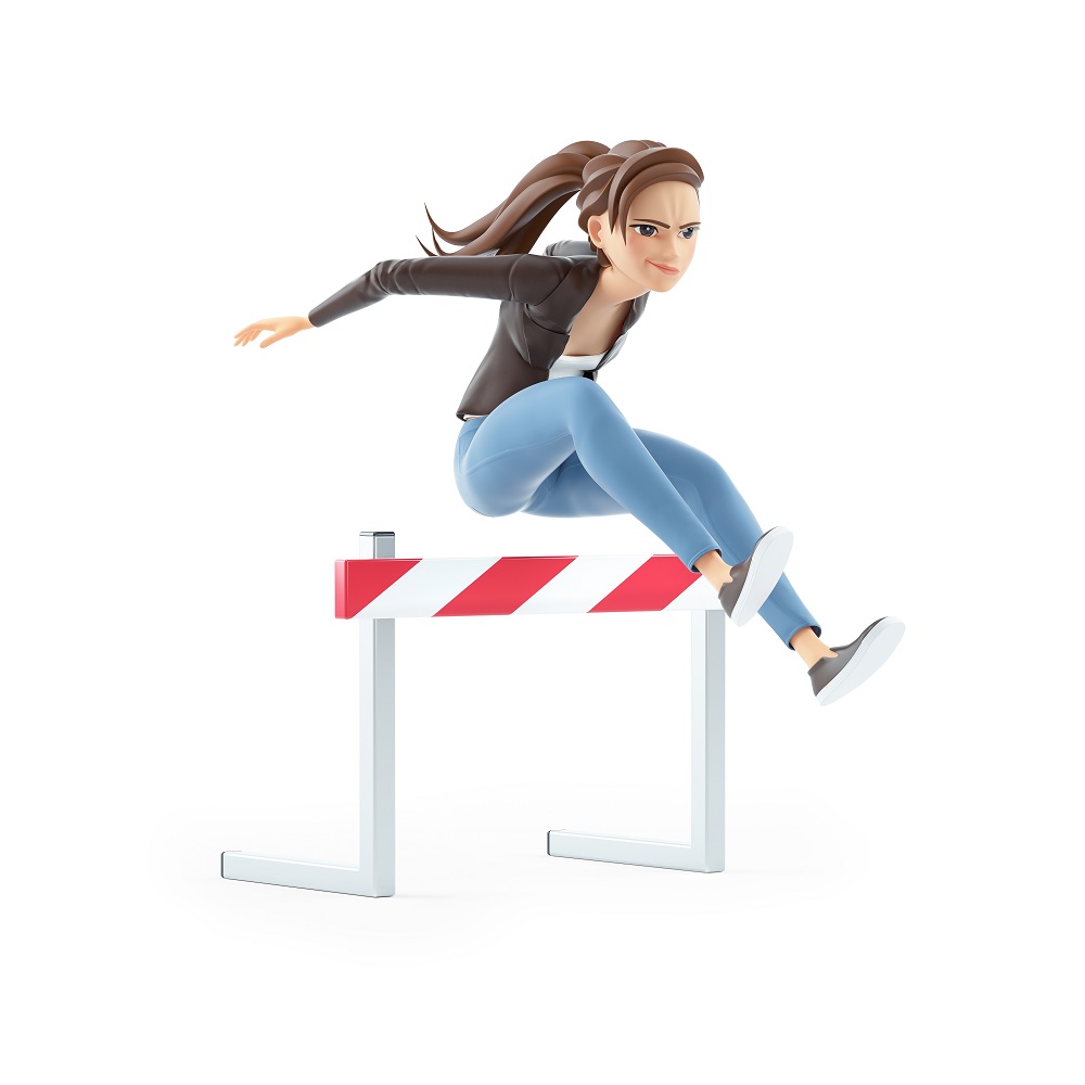 3d,Cartoon,Woman,Jumping,Over,Hurdle,,Illustration,Isolated,On,White