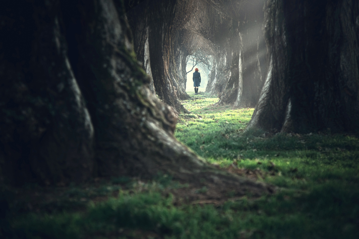 Woman walking in the mystic magic deep forest