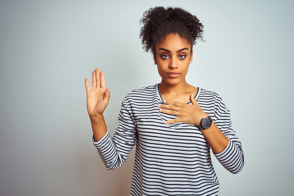 African,American,Woman,Wearing,Navy,Striped,T-shirt,Standing,Over,Isolated