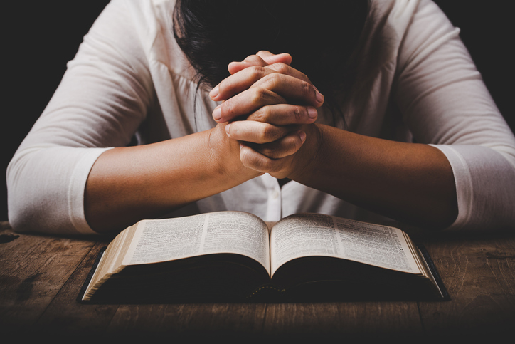 christianity woman catholic hand pray and worship in the church, Hands folded in prayer concept for faith, spirituality and religion, Hands Raised In Worship background.