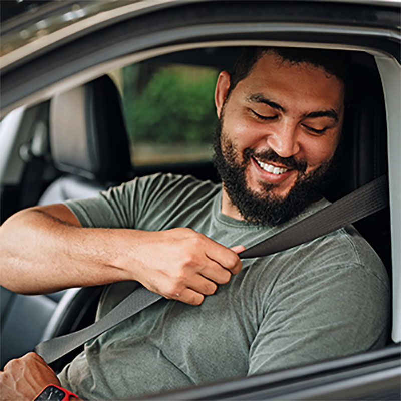 Driver putting on seat belt