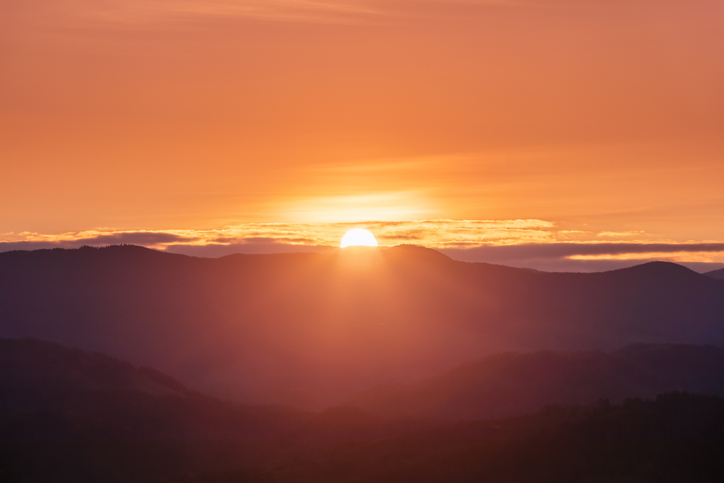 Beautiful sunrise. Sun rays enlighten the meadow with trees. Spring morning. Landscape with high mountains. Panoramic view. Natural scenery. Wallpaper background. Touristic place Carpathian park.