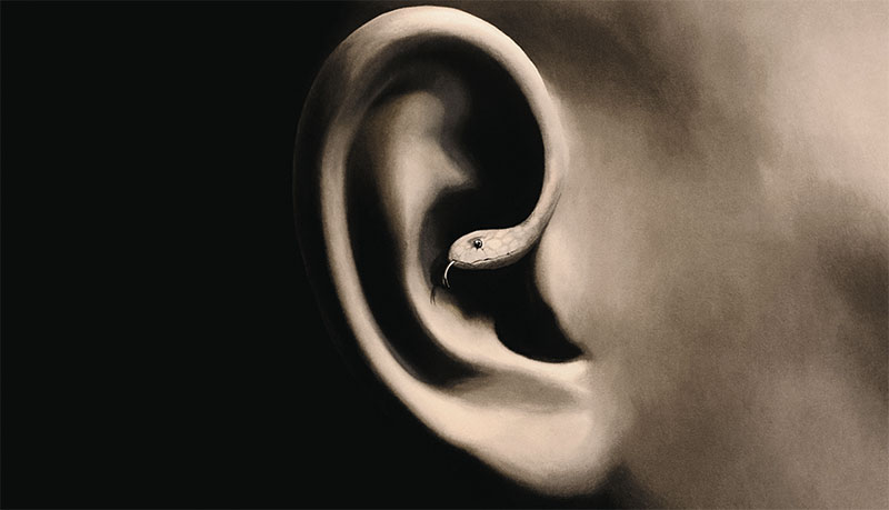 Illustration of serpent whispering in your ear, sin temptation surreal abstract concept