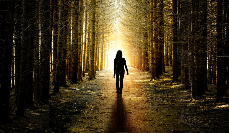Woman on a forest path from dark to light
