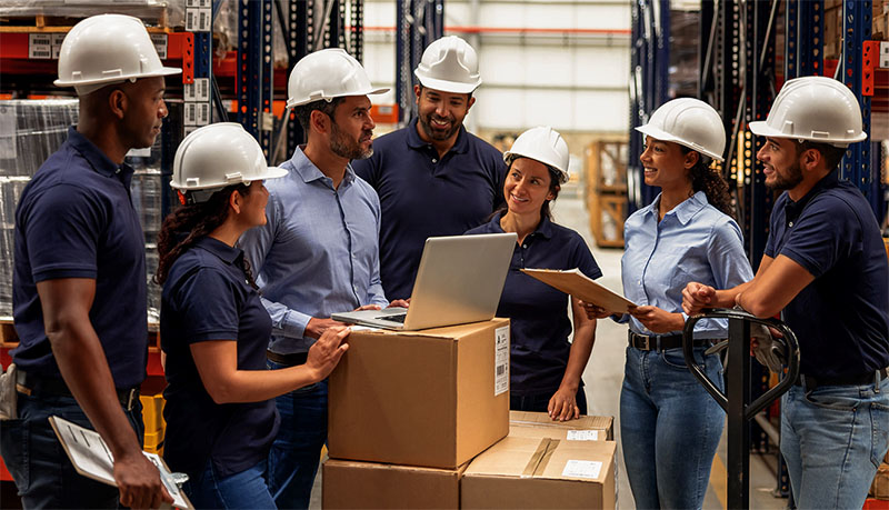 Business manager talking to a group of employees at a distribution warehouse