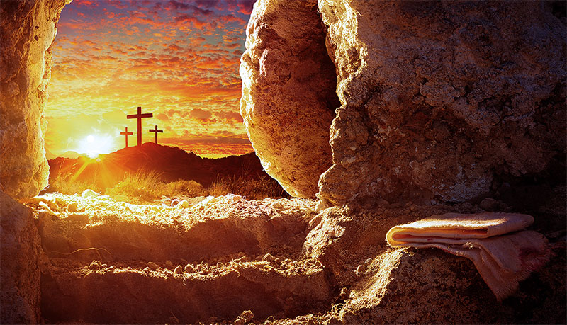 Empty Tomb With Crucifixion At Sunrise &#8211; Resurrection Concept