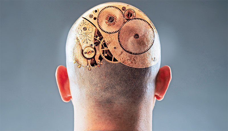 Back view of man with gears in shaved head
