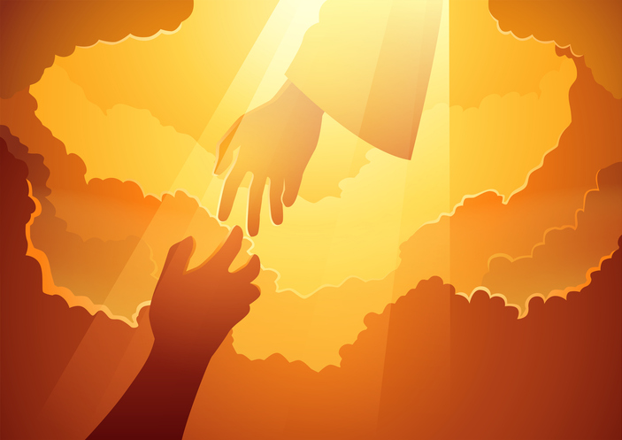 God in the open sky with human hands trying to reach Him