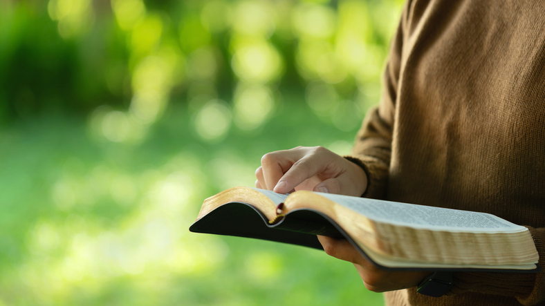 Christian Bible Study Concepts. close up woman&#8217;s hand holding and reading a book on a Sunny morning. Studying the word of God. Sharing the gospel. Followers studying the word of God. Education