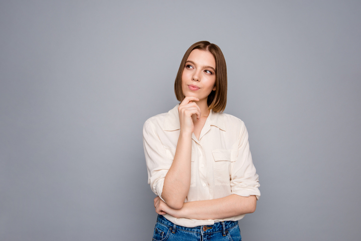 Portrait of charming nice youth work worker touch finger palms hands look have thoughts dressed fashionable modern youth clothes outfit isolated grey background