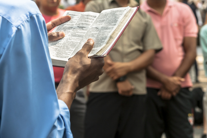 Man Evangelical Preacher Explains God&#8217;s Word In Se Square In Downtown Sao Paulo