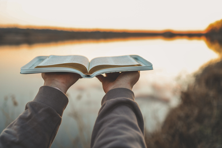 Bible in the hands of a girl, concept morning prayer in nature