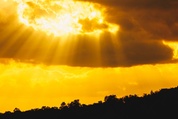 Landscape silhouette, sunbeam in the mountains
