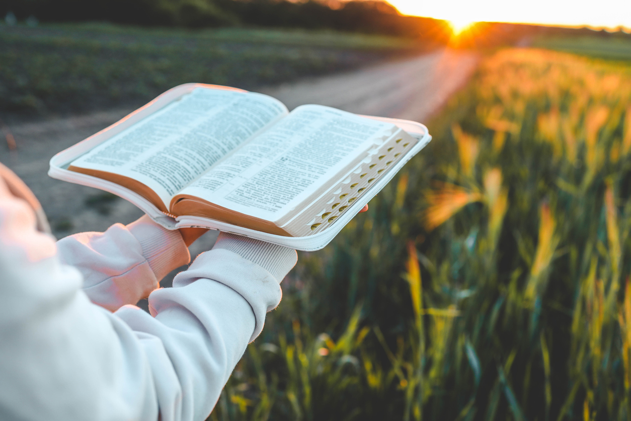 Open bible in hands close-up, concept of calmness and morning solitude
