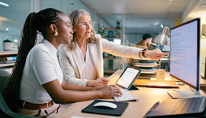 Business, people and computer with training in office to prepare accounting reports and finance filing system. Mentor, mature manager and helping intern accountant to track financial payments at desk